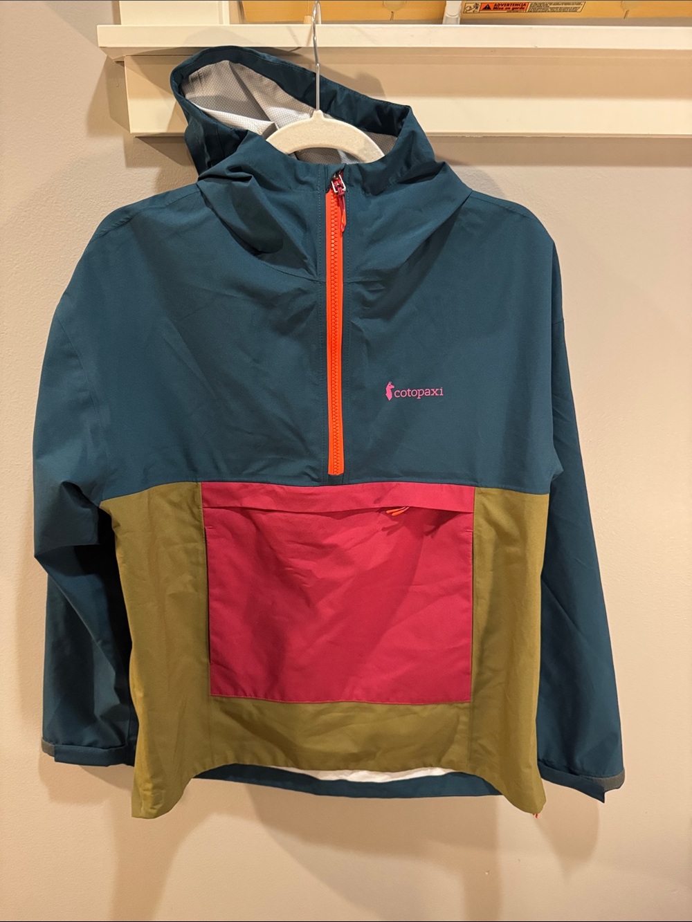 Cotopaxi Teal Pullover Anorak with Pink Pocket and Olive Panels